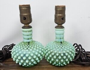 Vtg Pair Fenton Green Opalescent Glass Hobnail Elect. Bedside Vanity Table Lamp